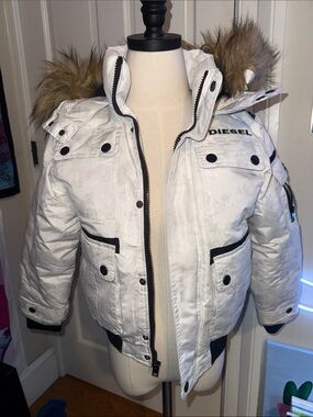 Diesel Kids White Puffer Jacket with Faux-Fur Trim